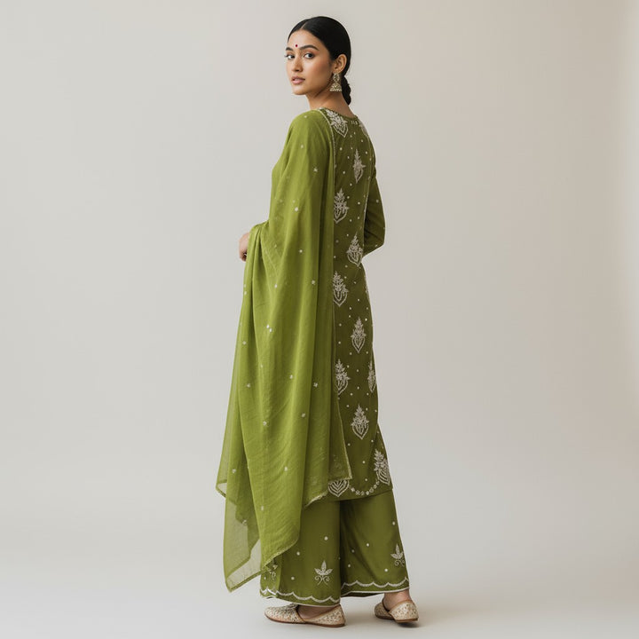 Green Viscose Chinnon Handwork Suit Set with Chiffon Dupatta & Plazo Pant
