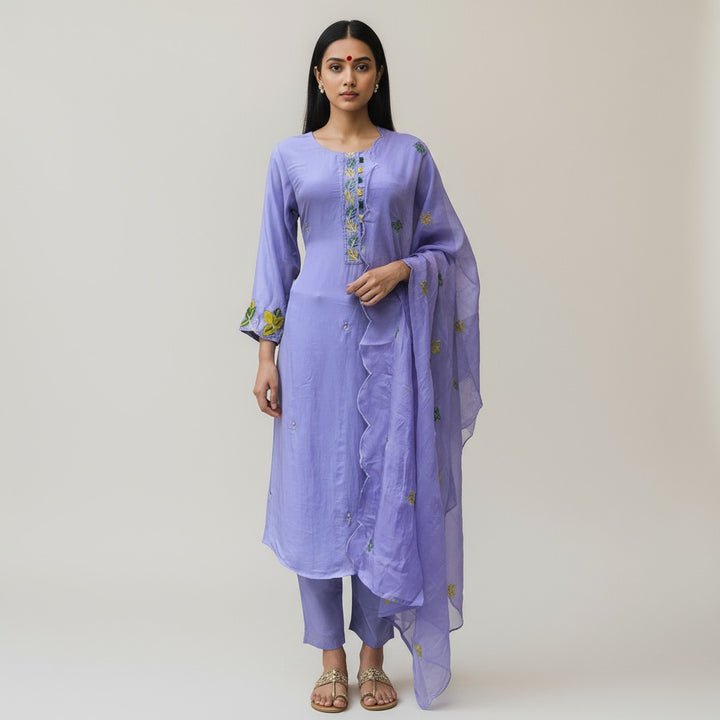 Lavender Chiffon Embroidery 3 Piece Kurtha Set