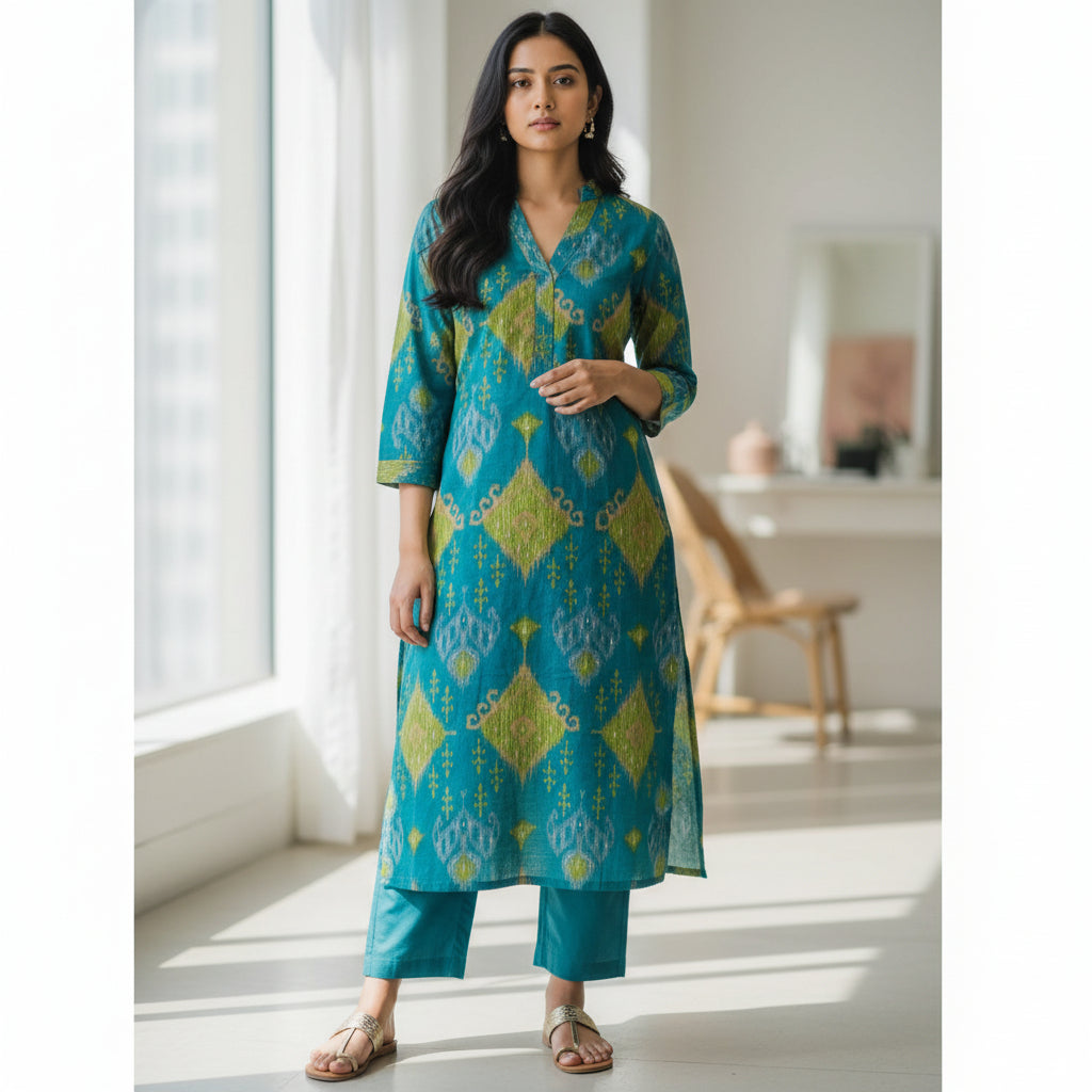 Teal Blue Handblock Print Straight Kurta Set with Pants