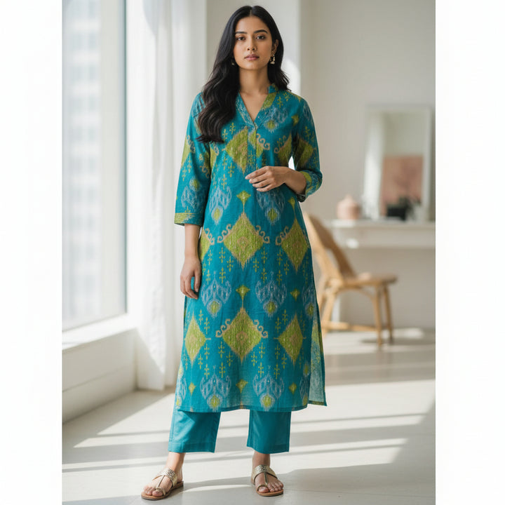 Teal Blue Handblock Print Straight Kurta Set with Pants