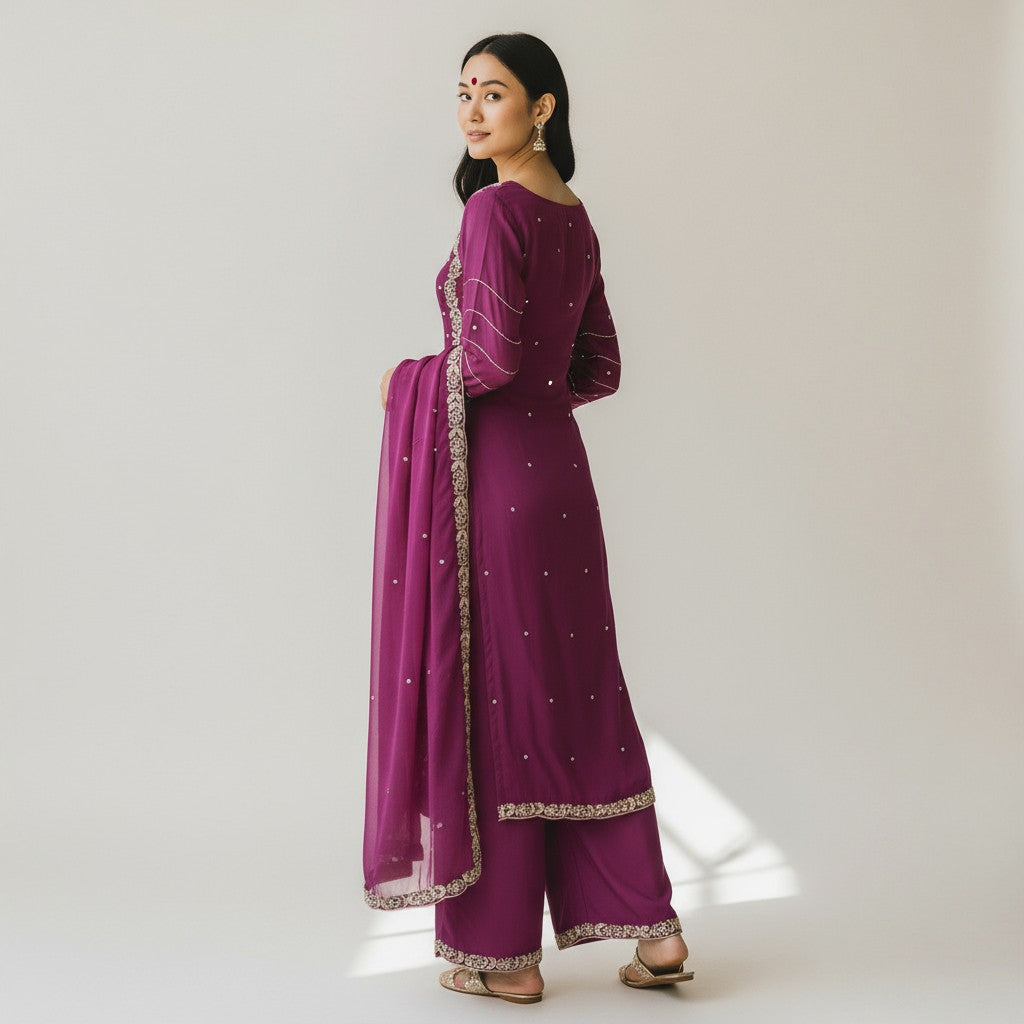 Dark Pink Premium Embroidery Satin Silk 3 Piece Kurta Set