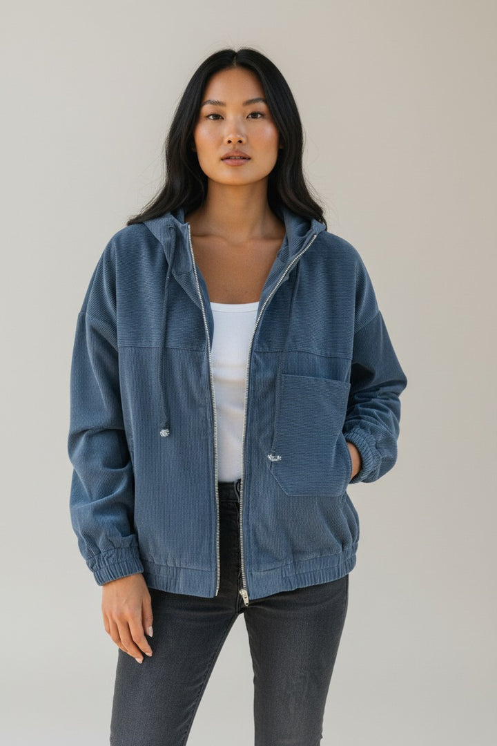 Real Teal Corduroy Drawstring Hooded Pocket Zip Up Jacket