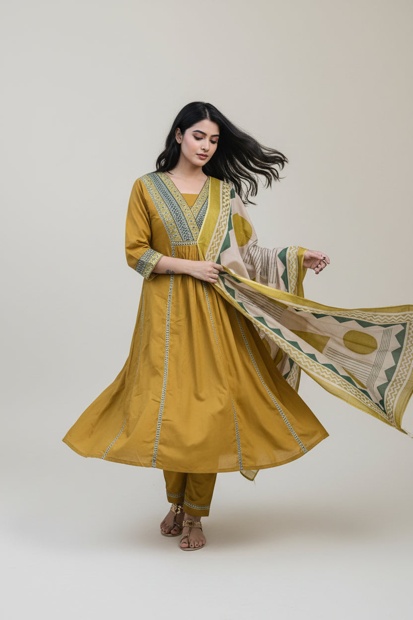 Mustard Yellow Kurta Set with Printed Dupatta – Elegant Ethnic Wear for Women