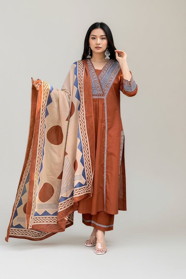 Rust Brown Printed Kurta Set with Contrast Dupatta