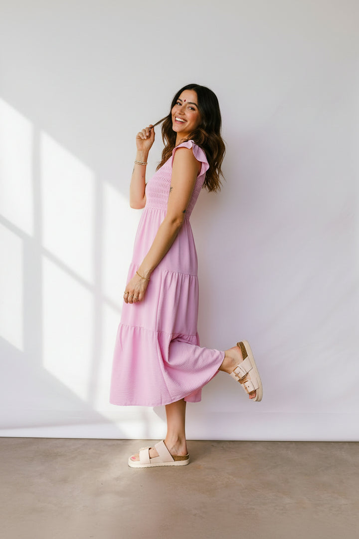 Pink Smocked Bodice Flutter Sleeve Fit Flare Tiered Midi Dress