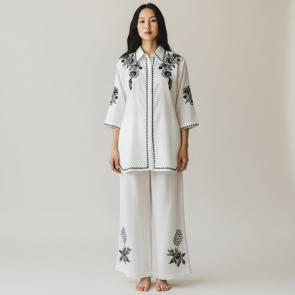 Ivory Embroidered Kurta &amp; Wide-Leg Pants Set