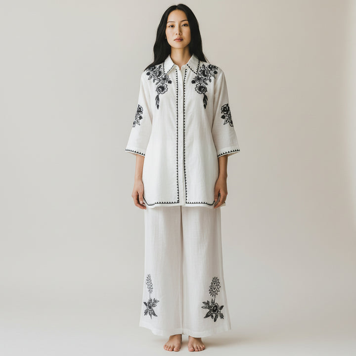 Ivory Embroidered Kurta &amp; Wide-Leg Pants Set