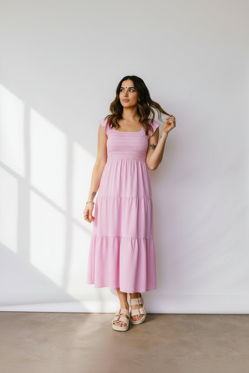 Pink Smocked Bodice Flutter Sleeve Fit Flare Tiered Midi Dress