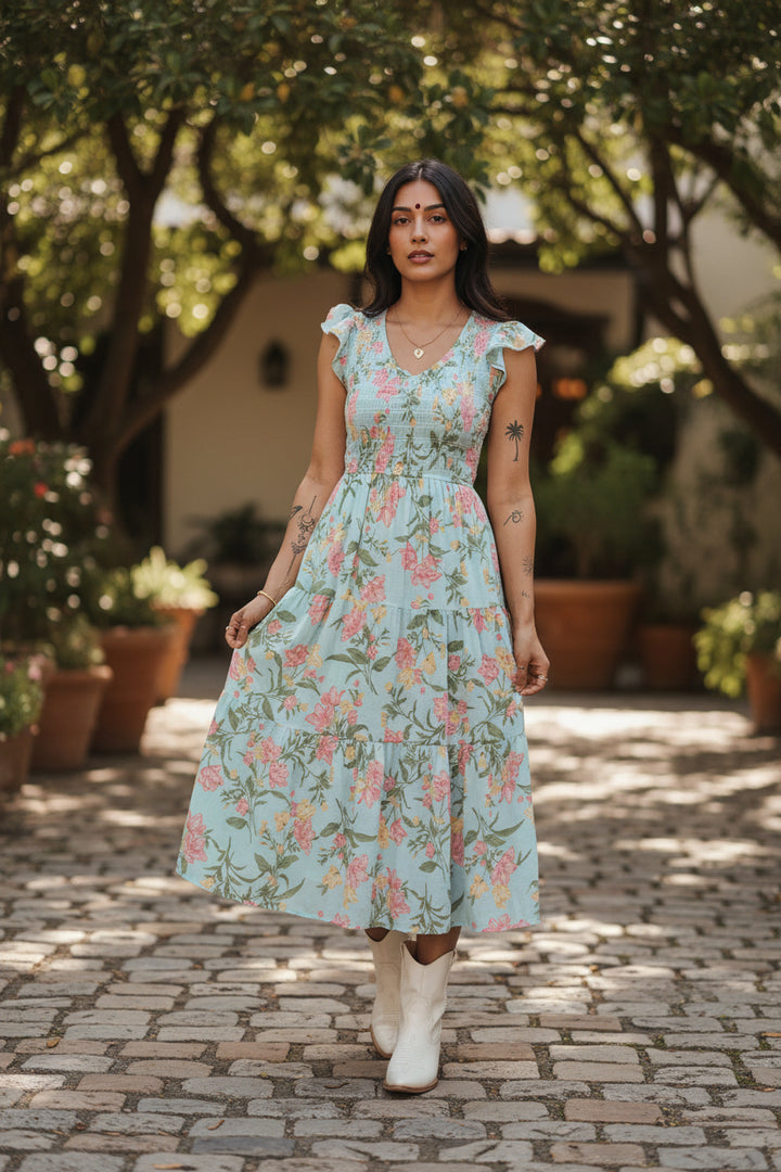 Yellow Smocked Bodice Ruffled Sleeveless Tiered Floral Maxi Dress