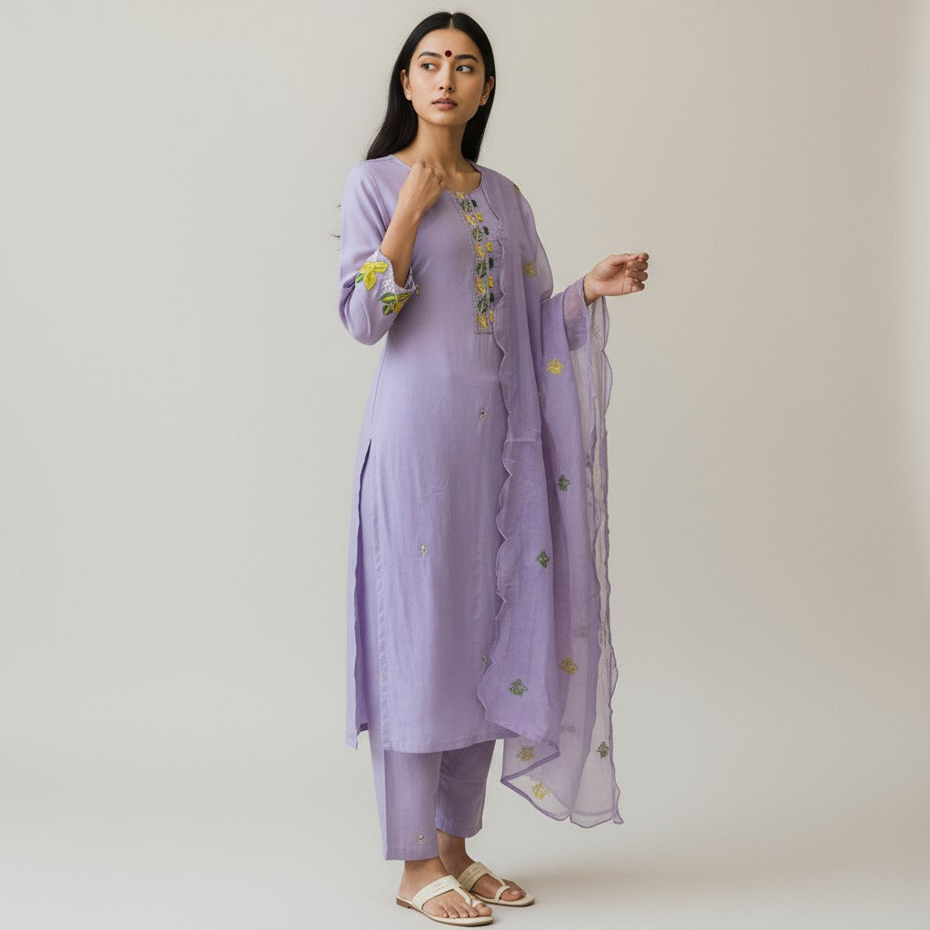 Lavender Chiffon Embroidery 3 Piece Kurtha Set