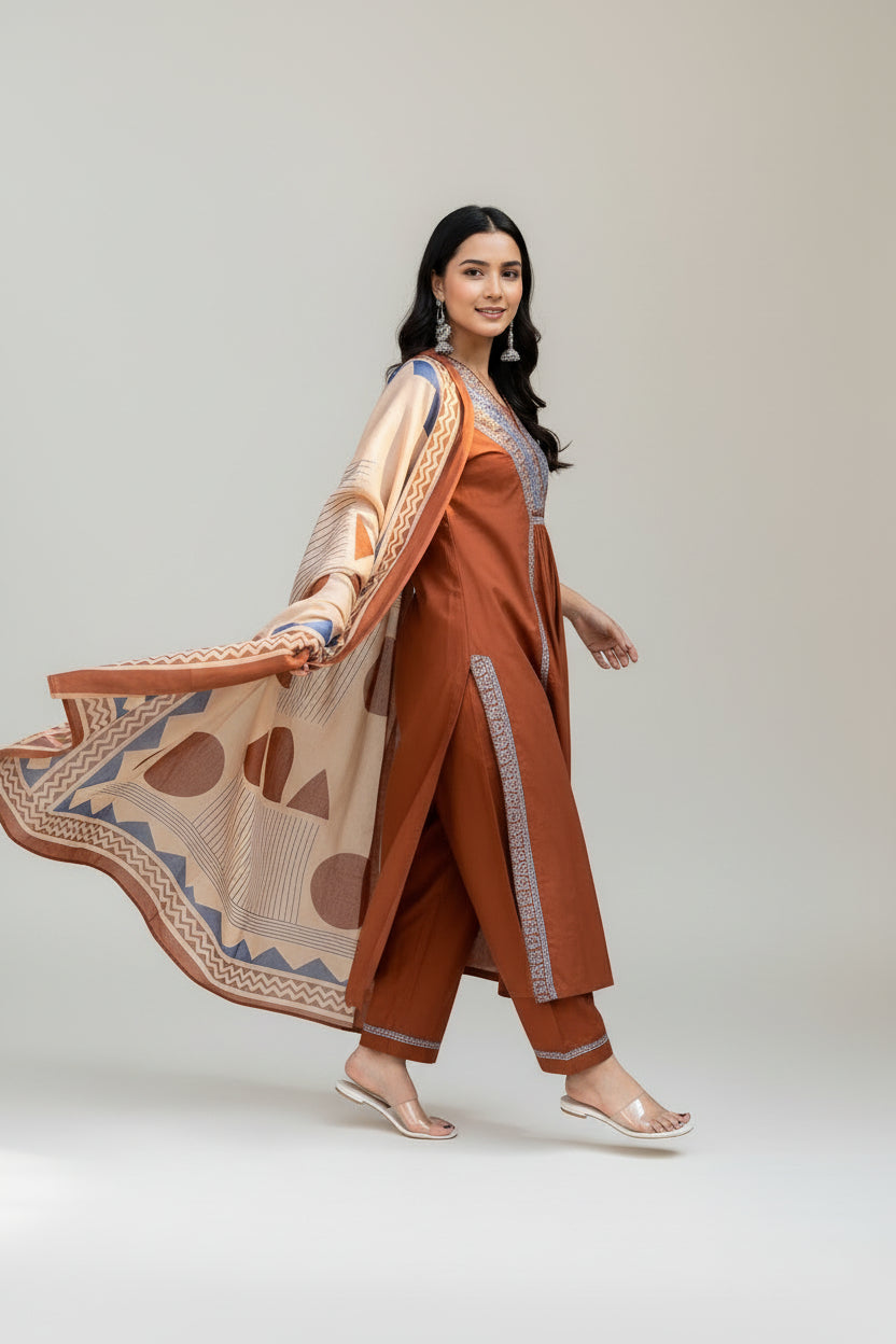 Rust Brown Printed Kurta Set with Contrast Dupatta