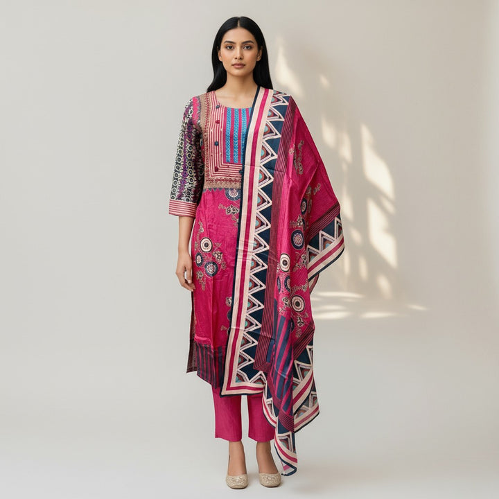 Fuchsia Pink Printed Silk Kurta Set with Geometric Dupatta