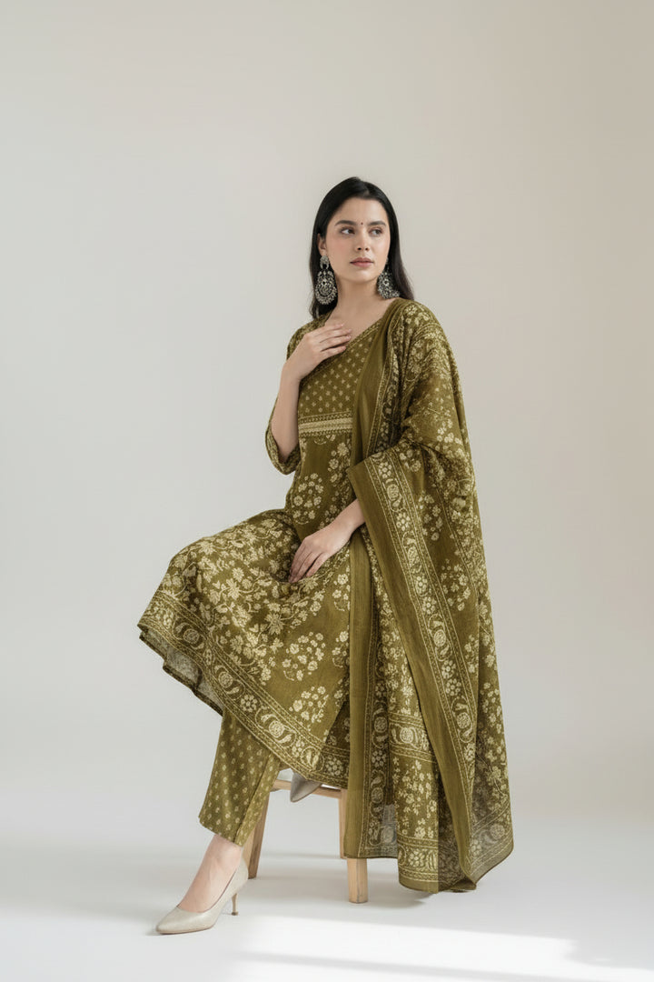 Olive Green Floral Printed Kurta Set with Dupatta