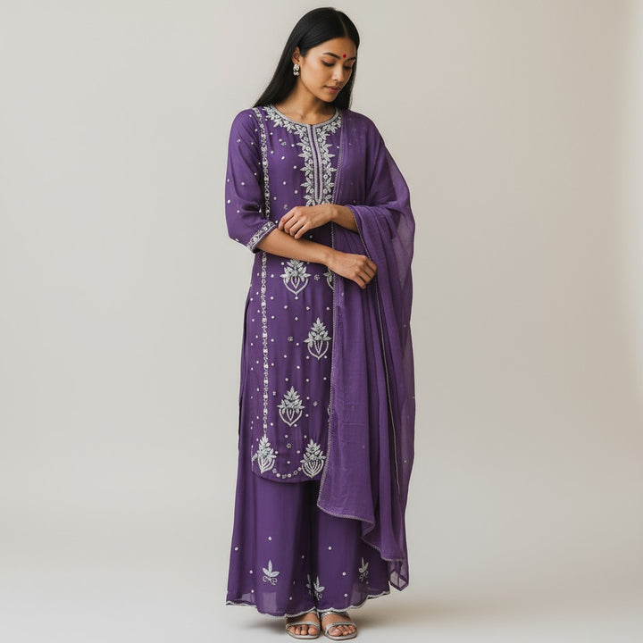 Purple Viscose Chinnon Handwork Suit Set with Chiffon Dupatta & Plazo Pant kurta set