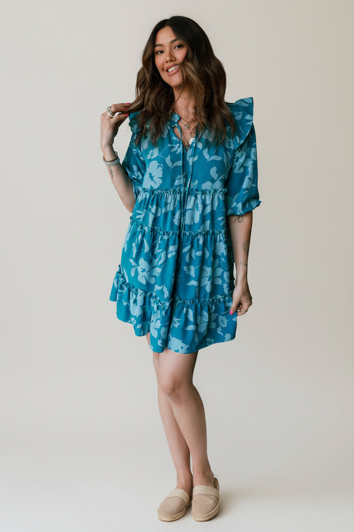 Blue Flower Half Sleeve Tiered Ruffled Mini Dress