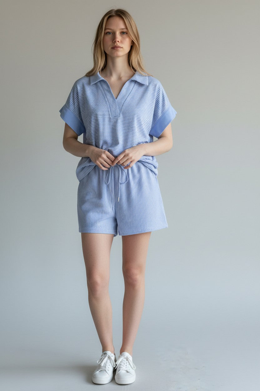 Sky Blue Stripe Dolman Sleeve Polo Shirt and Drawstring Shorts Set