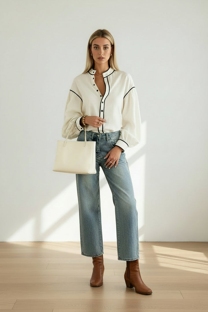 Beige Contrast Color Trim Button Down Long Puff Sleeve Shirt