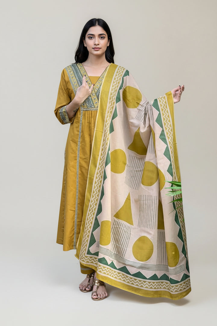 Mustard Yellow Kurta Set with Printed Dupatta – Elegant Ethnic Wear for Women