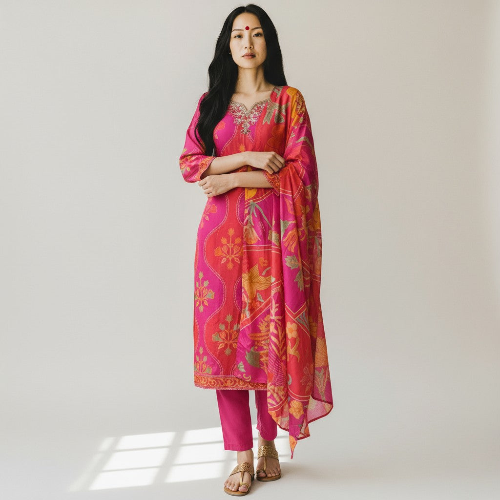 Pink Pure Natural Crepe Digital Print Handwork Stitch Kurta Set