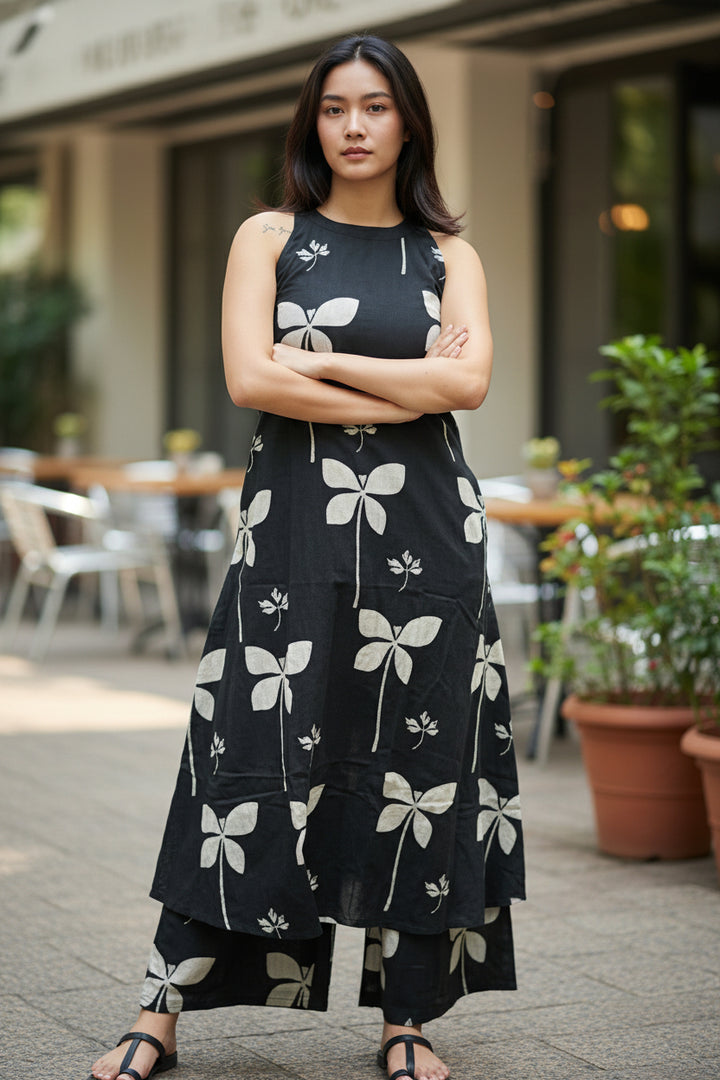 Black Floral Printed Sleeveless Kurta Set with Palazzo Pants