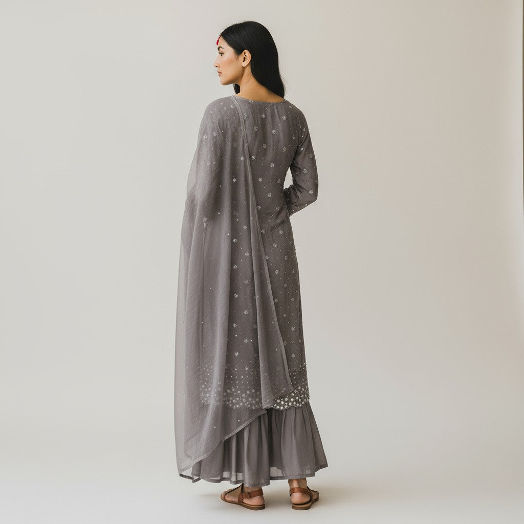 Gray Satin Silk Handwork Embroidery Palazo 3-Piece Kurta Set