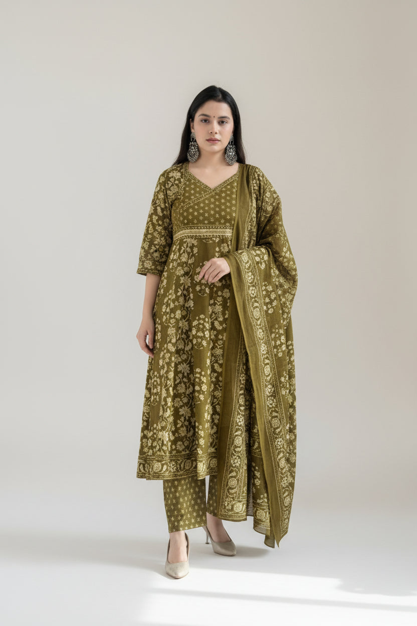 Olive Green Floral Printed Kurta Set with Dupatta