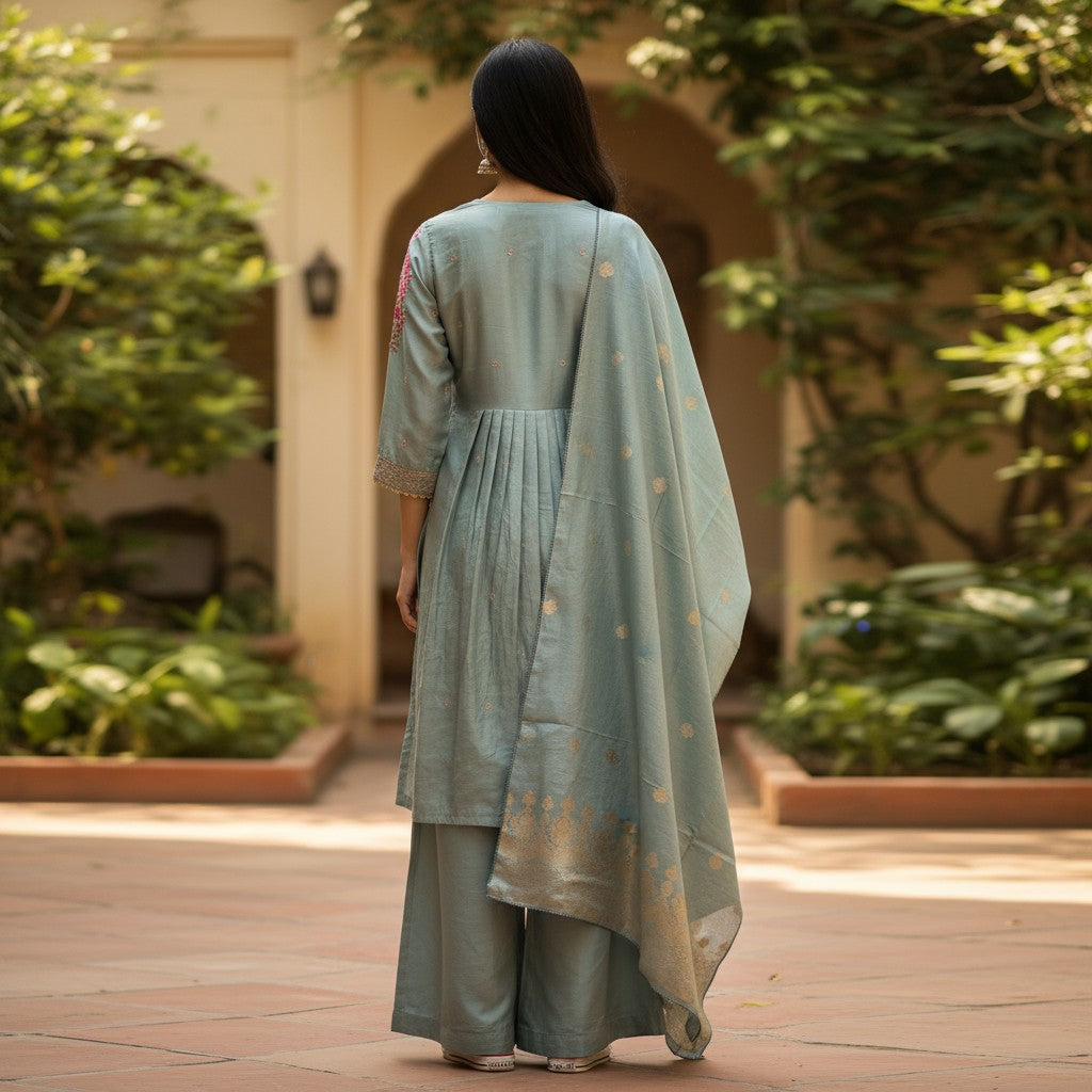 Blue Kurthi Set With Gold Tissue Fabric and Pink Embroidery Saharara Style