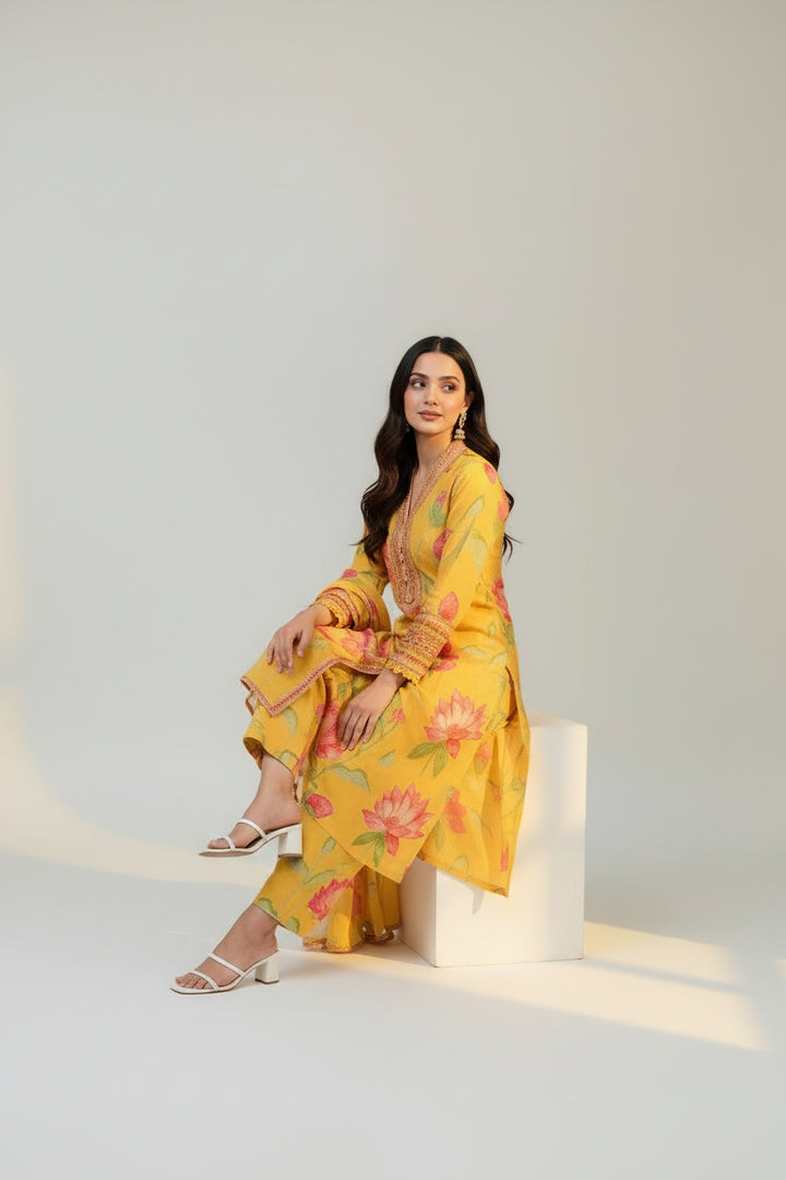 Floral Printed Kurta Set with Palazzo &amp; Dupatta