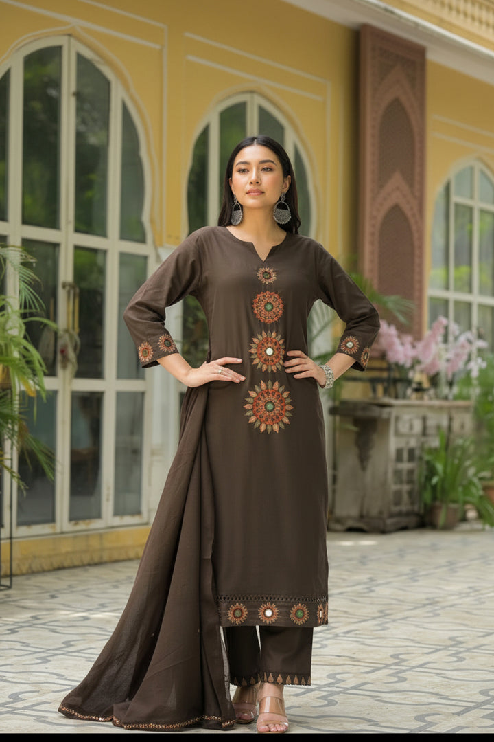 Embroidered Brown Kurta Set with Straight Pants &amp; Dupatta
