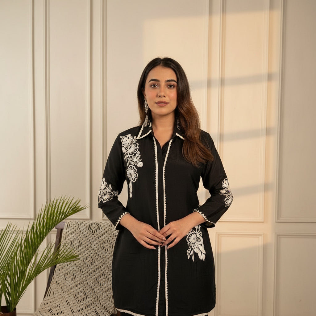 Black Embroidered Straight Kurti with Contrast Lace Detailing