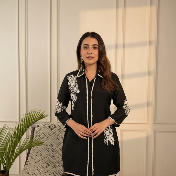 Black Embroidered Straight Kurti with Contrast Lace Detailing