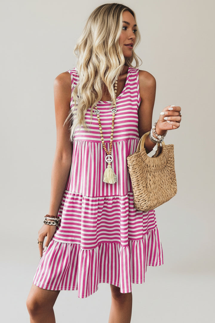 Rose Stripe U Neck Sleeveless Loose Fit Mini Dress