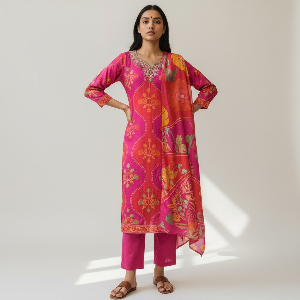 Pink Pure Natural Crepe Digital Print Handwork Stitch Kurta Set