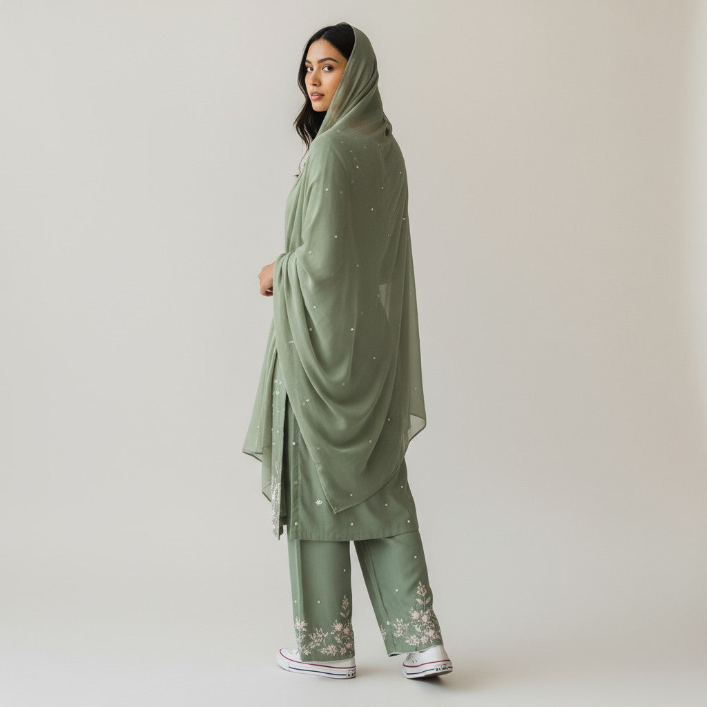 Green Satin Silk Embroidery Premium 3-Piece Kurta Set