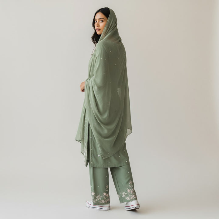 Green Satin Silk Embroidery Premium 3-Piece Kurta Set