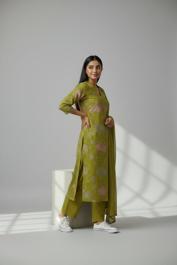Olive Green Floral Printed Kurta Set with Dupatta &amp; Pants