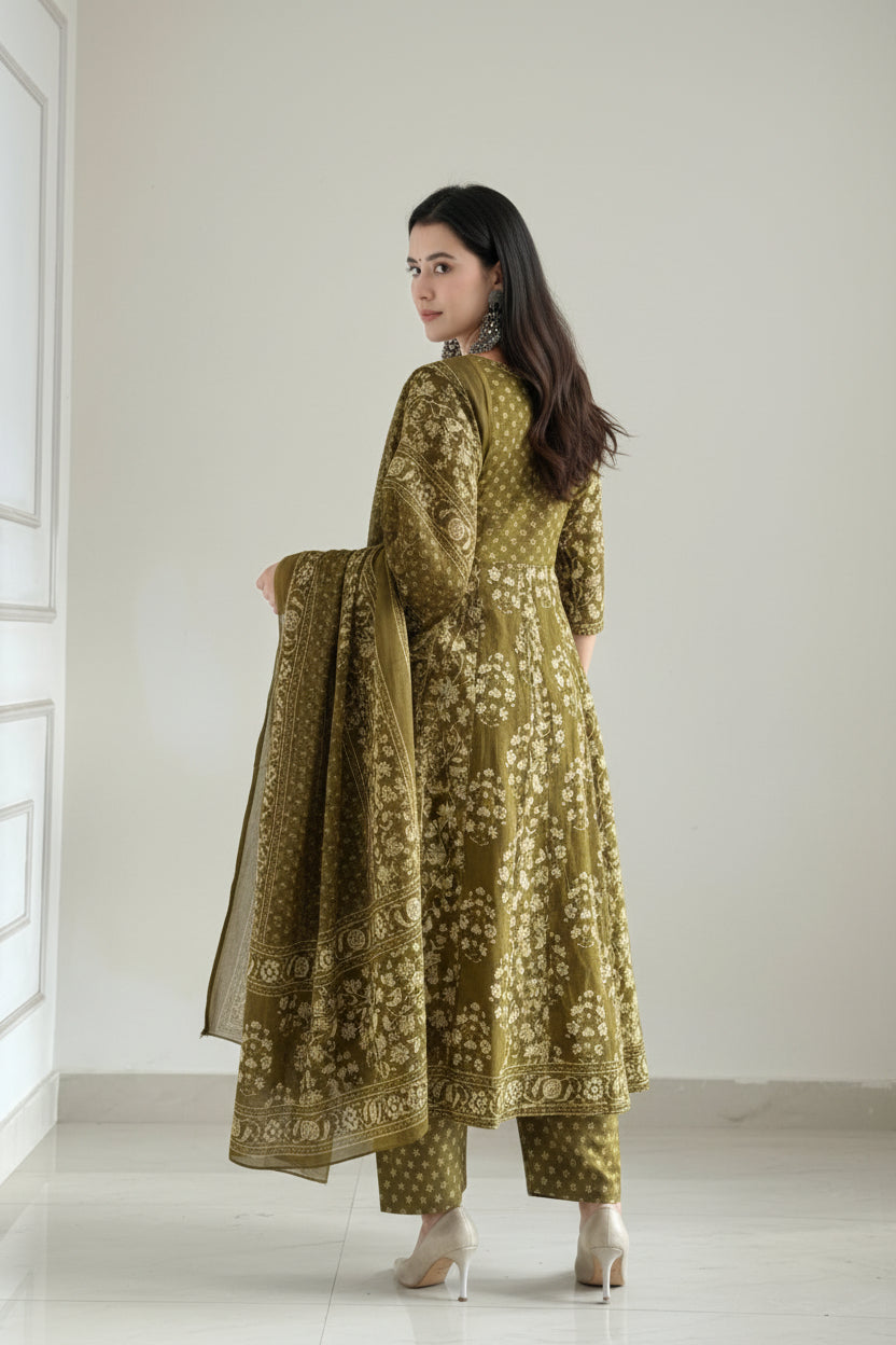 Olive Green Floral Printed Kurta Set with Dupatta