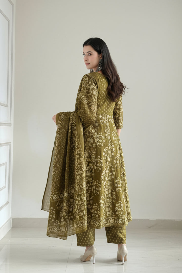 Olive Green Floral Printed Kurta Set with Dupatta