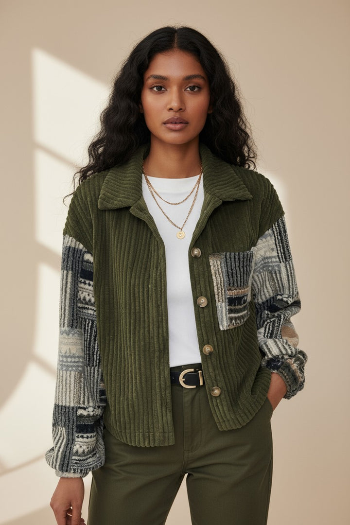 Jungle Green Ribbed Fleece Plaid Print Patchwork Button Up Jacket
