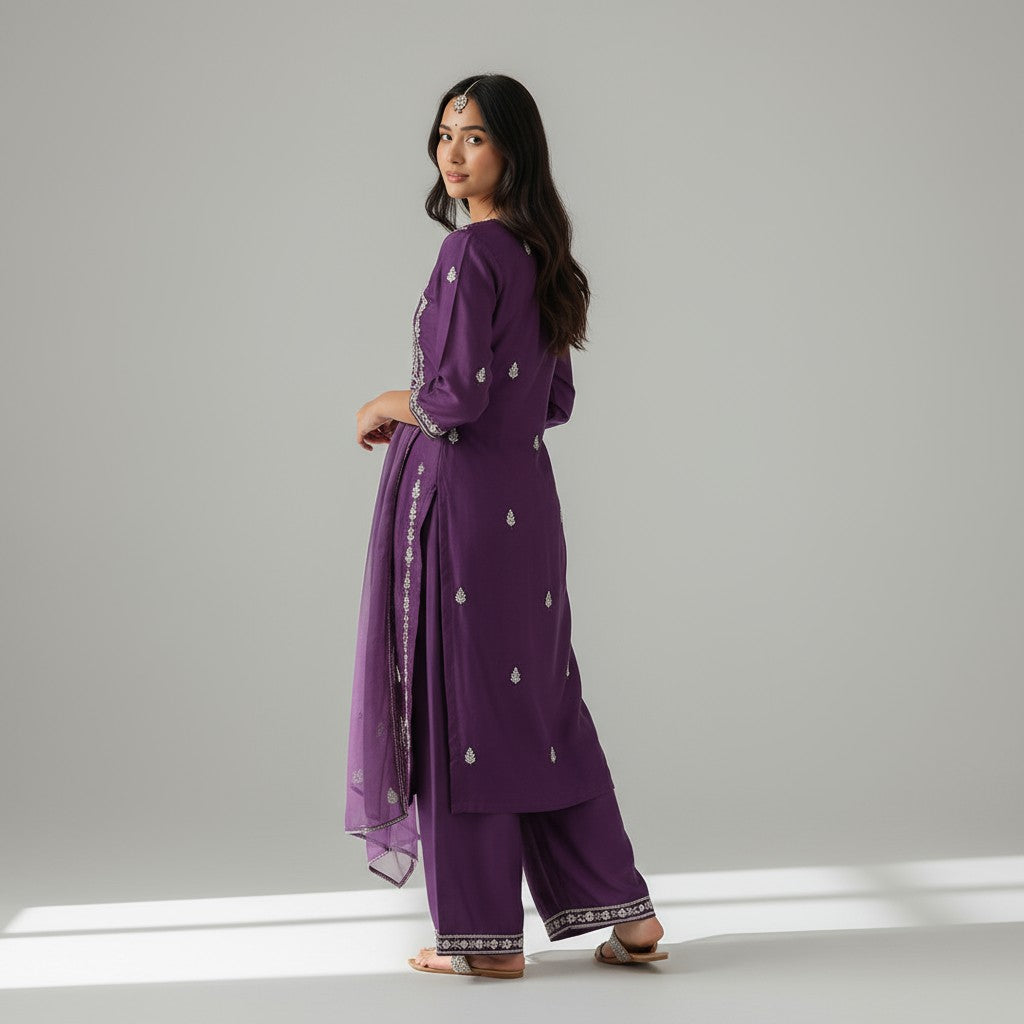 Purple Viscose Chinnon Handwork Suit Set with Chiffon Dupatta & Plazo Pant kurta set