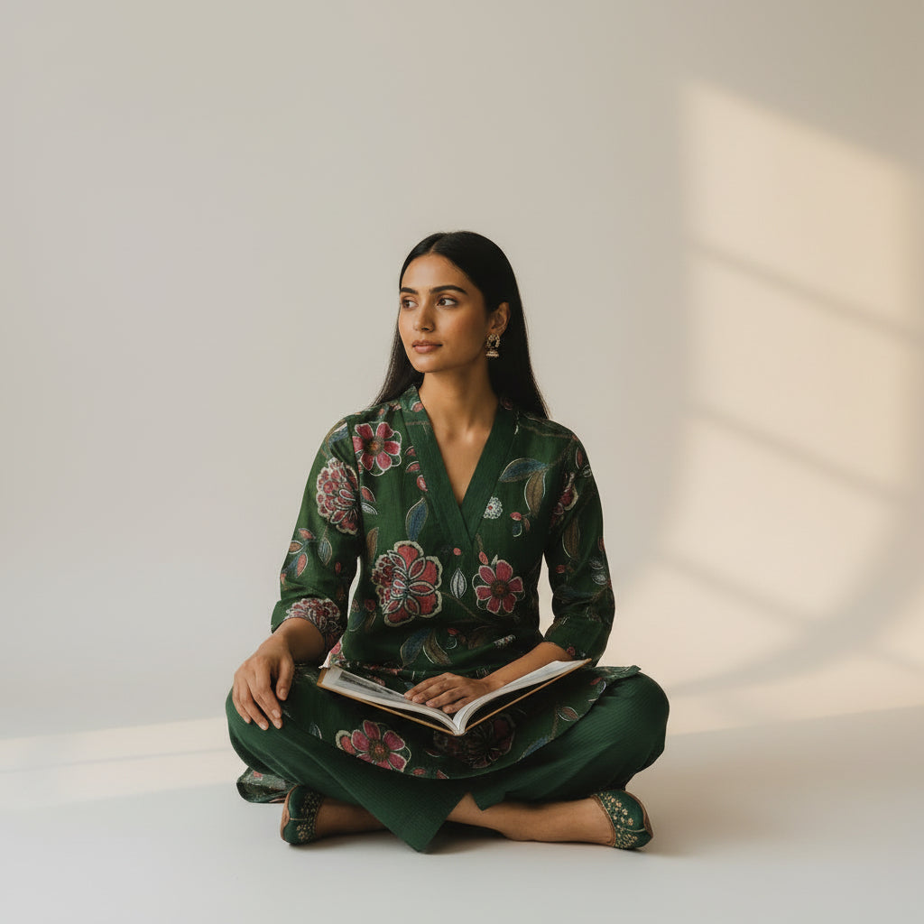 Emerald Floral Printed Kurta Set with Straight Pants