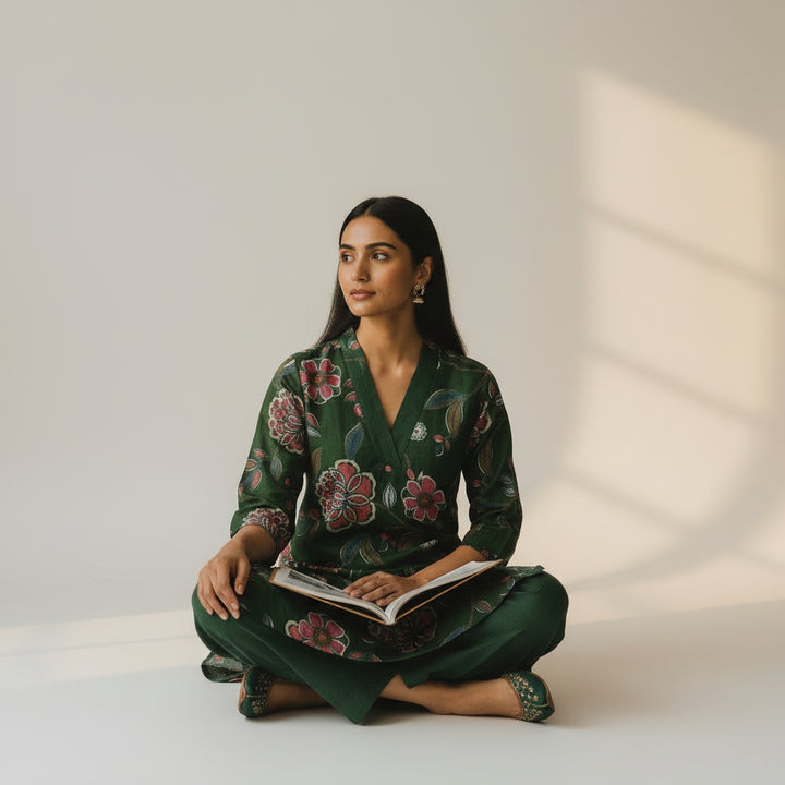 Emerald Floral Printed Kurta Set with Straight Pants
