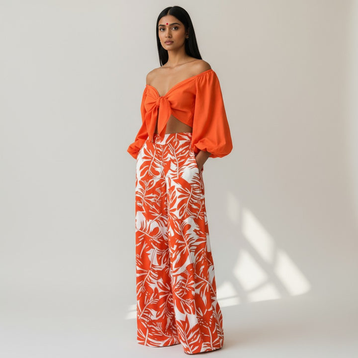 Orange Lantern Sleeve Top And High Waist Printed Co-ord set