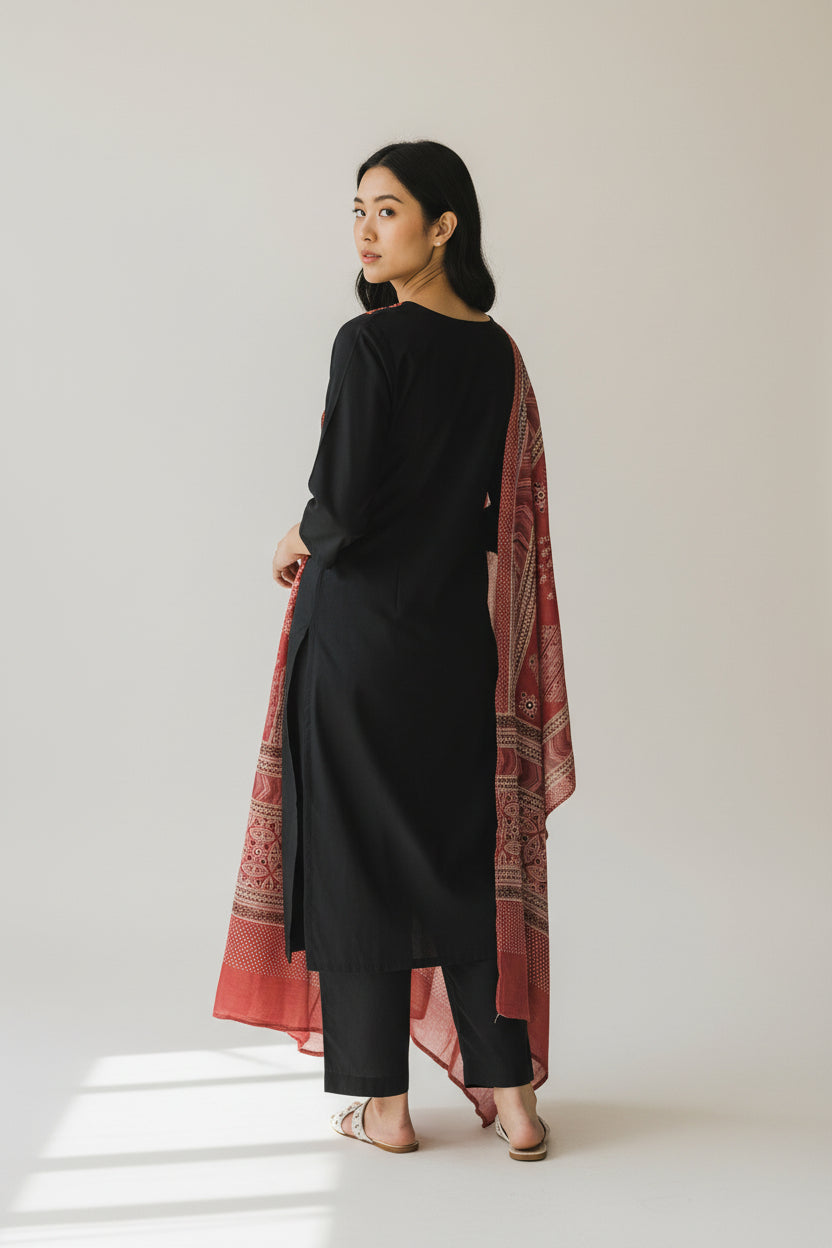 Black Straight Kurta with Printed Yoke, Solid Bottom &amp; Printed Dupatta – 3-Piece Set