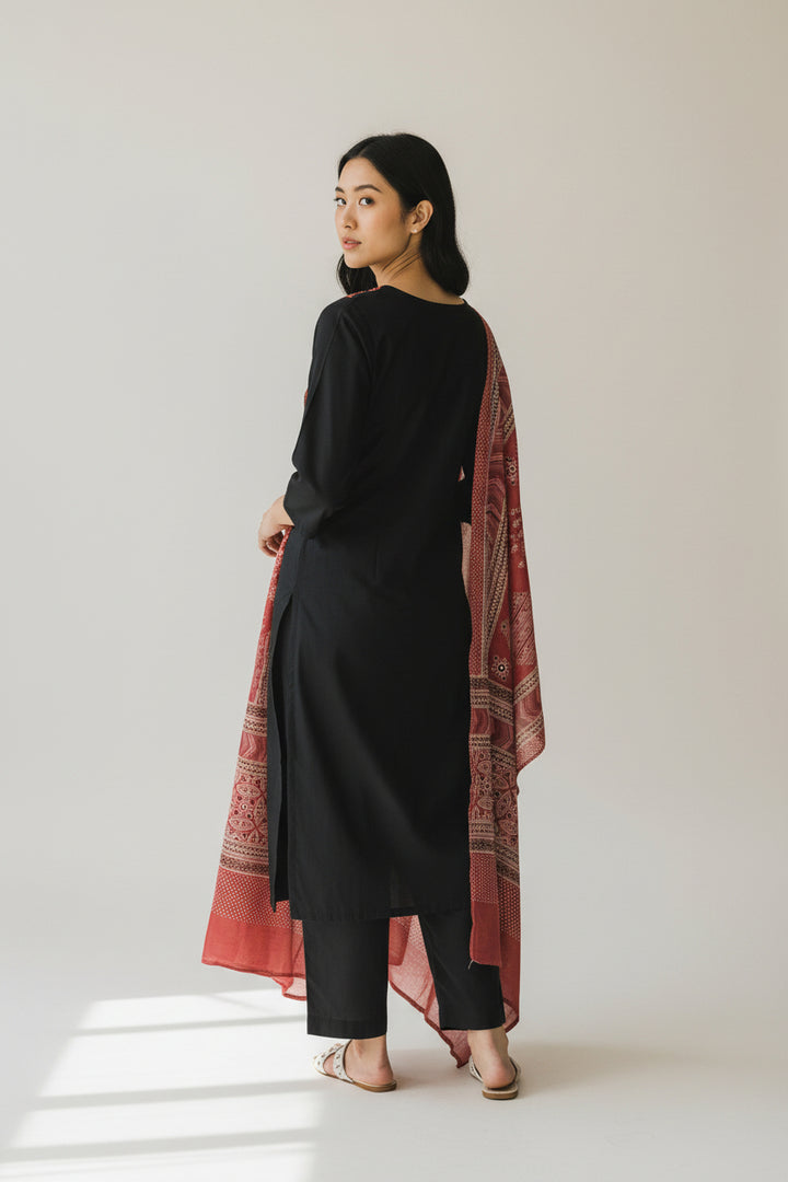 Black Straight Kurta with Printed Yoke, Solid Bottom &amp; Printed Dupatta – 3-Piece Set