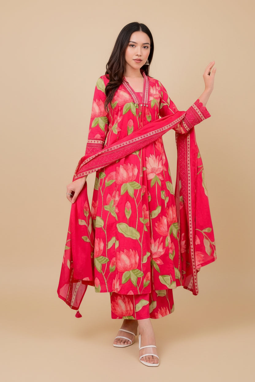 Floral Printed Kurta Set with Palazzo &amp; Dupatta
