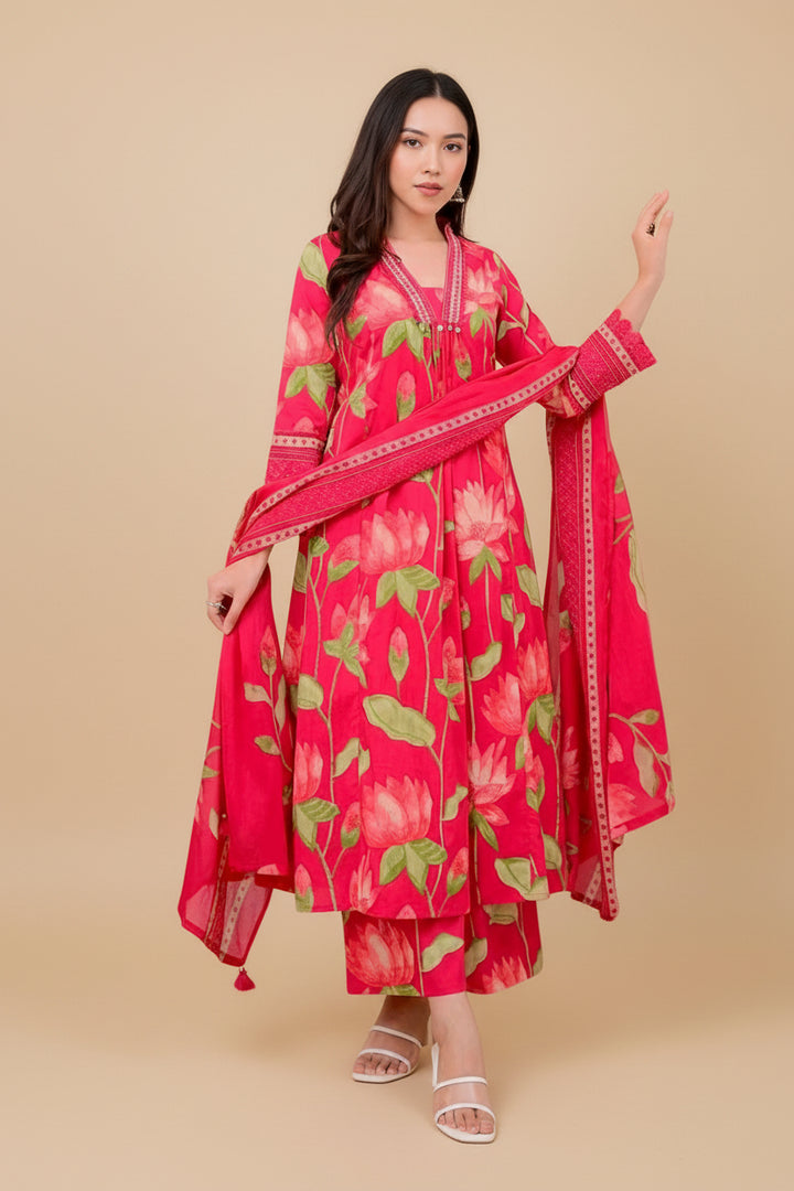 Floral Printed Kurta Set with Palazzo &amp; Dupatta