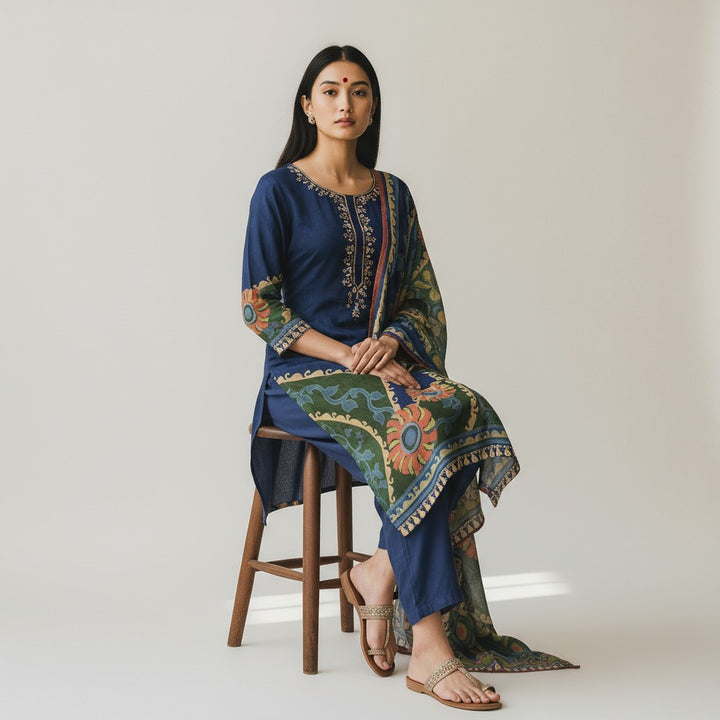 Pure Natural Crepe Digital Handwork Stitched Kurta Set