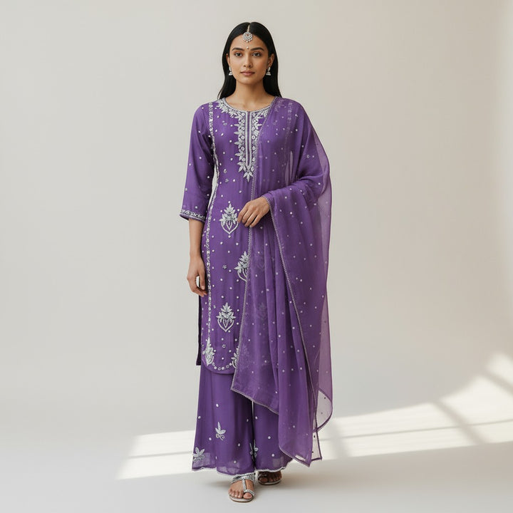 Purple Viscose Chinnon Handwork Suit Set with Chiffon Dupatta & Plazo Pant kurta set