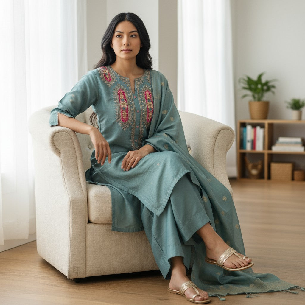 Blue Kurthi Set With Gold Tissue Fabric and Pink Embroidery Saharara Style